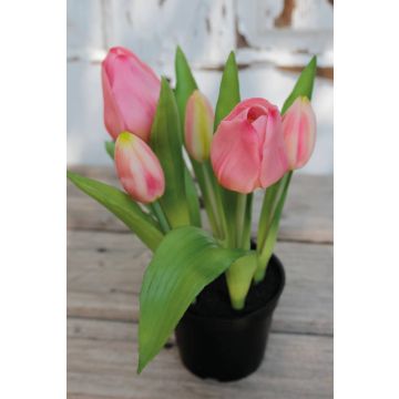Tulipe en tissu CAITLYN en pot décoratif, rose-vert, 25cm, Ø2-6cm