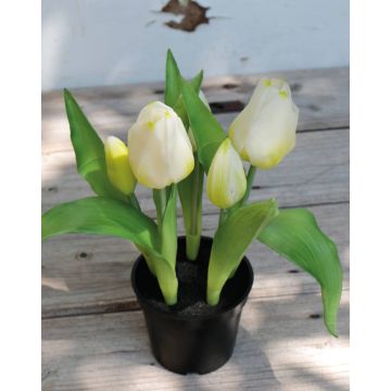 Tulipe en tissu CAITLYN en pot décoratif, blanc-vert, 25cm, Ø2-6cm