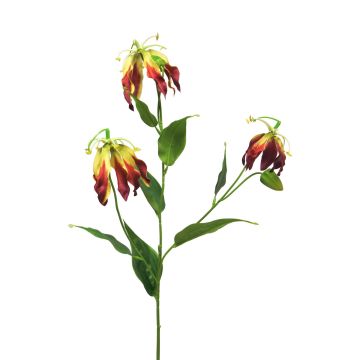 Fleur de gloriosa artificielle sur tige XIANGTING, rouge bourgogne-jaune, 85cm