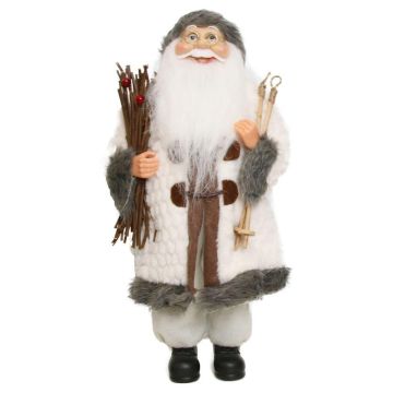 Figurine de Père Noël JARICK, fagot de brindilles, bâtons de ski, blanc-gris, 22x14x45cm