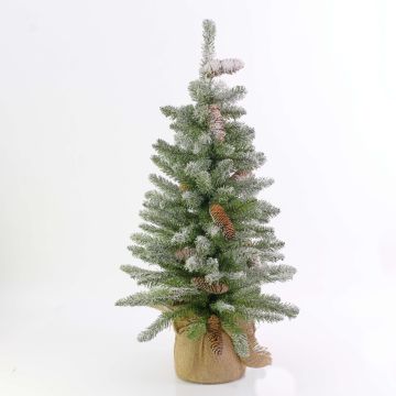 Faux sapin VIENNE, pommes de pin, sac de jute, neige, 60cm, Ø40cm