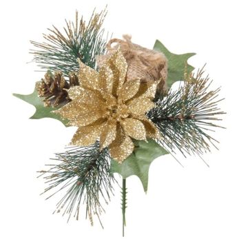 Arrangement décoratif de poinsettia et de pin HERMINA avec cadeau, piquet, or, 21cm, Ø17cm