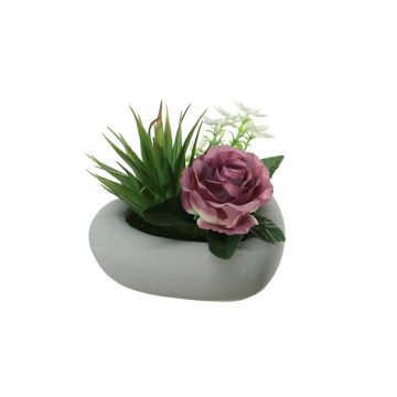 Arrangement de rose et d'agave artificiel BEVIS, pot décoratif, vieux violet-blanc, 14cm, Ø18cm