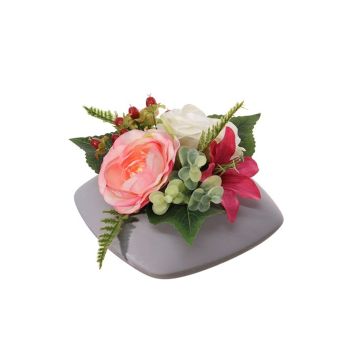 Arrangement de renoncule, de lys et de millepertuis artificiel DINEKE, pot décoratif, rose-fuchsia-crème, 16cm, Ø21cm
