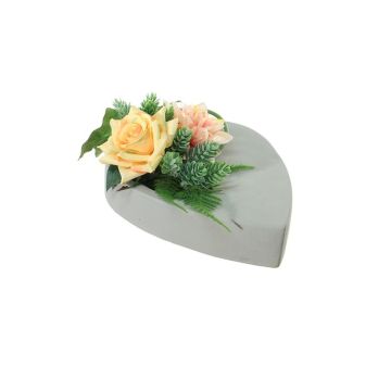 Arrangement floral de rose, de dahlia et de houblon artificiel DYVEKE, pot décoratif, jaune-saumon, 12cm, Ø25cm