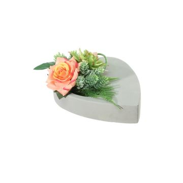 Arrangement floral de rose, de dahlia et de houblon artificiel DYVEKE, pot décoratif, orange-saumon-vert, 12cm, Ø25cm