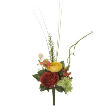 Arrangement floral de rose, de renoncule et d'hortensia artificiel GAEL, piquet, orange-jaune, 40cm, Ø14cm