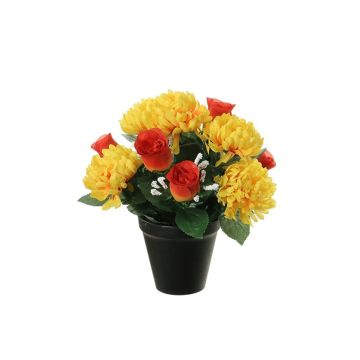 Arrangement de chrysanthème et de rose artificiel YESHE, pot décoratif, jaune-orange, 28cm, Ø22cm