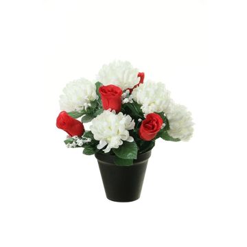Arrangement de chrysanthème et de rose artificiel YESHE, pot décoratif, crème-rouge, 28cm, Ø22cm