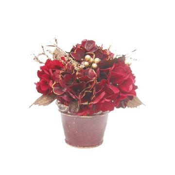 Arrangement d'hortensia artificiel, baie SUKI, pot décoratif, rouge-or, 25cm, Ø25cm