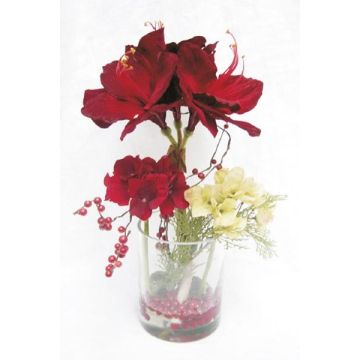 Arrangement d'amaryllis et d'hortensia artificiel TASHI, verre décoratif, rouge-crème, 40cm, Ø23cm