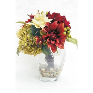 Arrangement de dahlia et d'hortensia artificiel THEES, verre décoratif, rouge-crème-vert, 30cm, Ø25cm