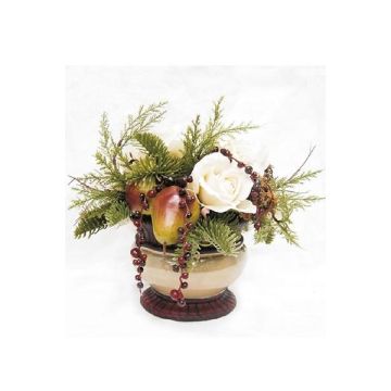 Arrangement de rose, d'hortensia et de poires SUKKI, pot décoratif, blanc-rouge-vert, 26cm, Ø30cm