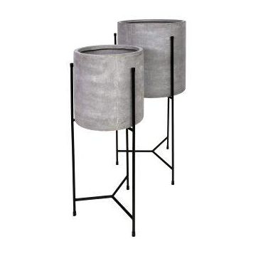 Pot à fleurs rond NARUKO avec un support métallique, 2 pièces, fibre de verre, gris, 35x75cm, 45x82cm