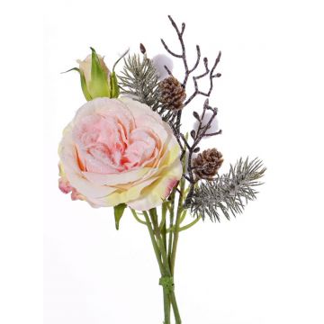Bouquet de roses en tissu FANNI, pommes de pin, enneigé, rose, 30cm, Ø15cm