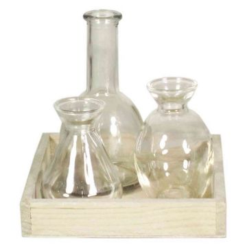 Plateau en bois avec bouteilles en verre KAYRA, 3 pièces, transparent, 17x17x16cm