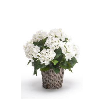 Hortensia artificiel JONE en corbeille tressée, blanc, 45cm