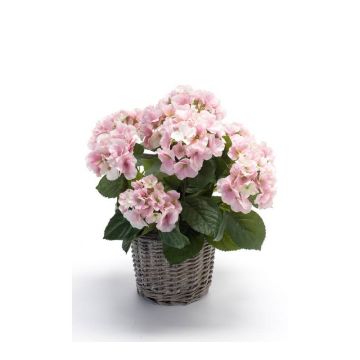 Hortensia artificiel JONE en corbeille tressée, rose, 45cm