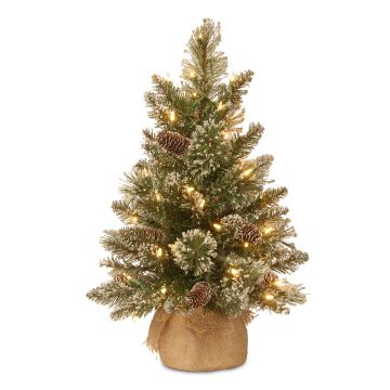 Faux sapin de Noël RIGA, sac en jute, pommes de pin, blanc, LEDs, 60cm, Ø40cm