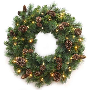 Couronne de Noël artificielle KERRY, pommes de pin, LEDs, vert, Ø60cm
