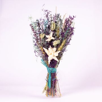 Bouquet de fleurs séchées LOURDES avec herbes, violet-bleu-blanc, 30cm, Ø15cm