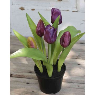 Fleur artificielle tulipe LEANA en pot décoratif, violet-vert, 20cm, Ø2-4cm