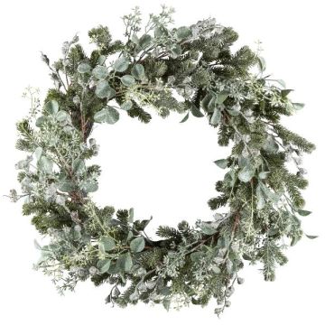 Couronne artificielle d'eucalyptus et de sapin DUVRA avec des fleurs, givré, vert-gris, Ø60cm