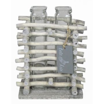 Vase en verre pour fleurs à tige SIHAM, support en bois, 2 verres, transparent, 13,5x8,5x17cm