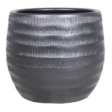 Cache-pot en céramique TIAM avec rainures, noir mat, 21cm, Ø24cm
