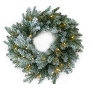 Couronne de sapin artificielle BUFFALO, bleu, givré, LEDs, Ø60cm