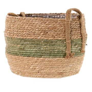 Corbeille / cache-pot UPALI, zostère liée, 2 poignées, beige-vert, 26cm, Ø33cm