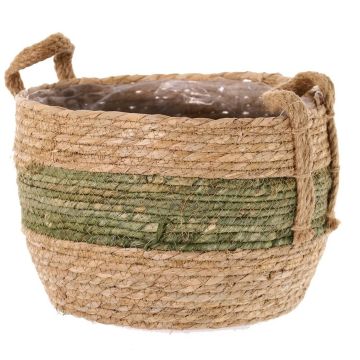 Corbeille / cache-pot UPALI, zostère liée, 2 poignées, beige-vert, 19cm, Ø24cm