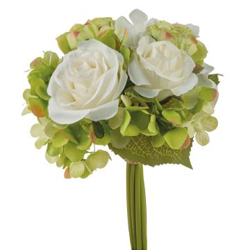 Bouquet de fleurs artificielles FOUDILA, roses, hortensias, crème-vert, 25cm
