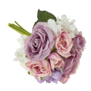 Bouquet de fleurs artificielles FOUDILA, roses, hortensias, rose-violet, 25cm
