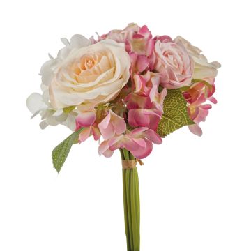 Bouquet de fleurs artificielles FOUDILA, roses, hortensias, crème-rose, 25cm