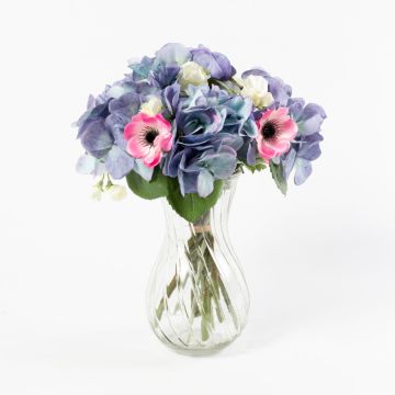Bouquet d'hortensias artificiel PENELOPE, anémone, bleu-blanc, 30cm, Ø20cm