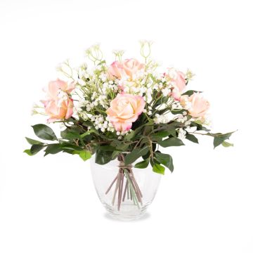 Bouquet de roses en soie AMELIE, gypsophile, rose, 45cm, Ø40cm