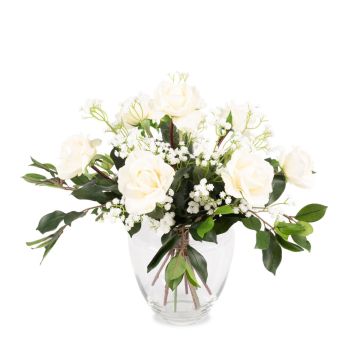 Bouquet de roses en soie AMELIE, gypsophile, blanc, 45cm, Ø40cm