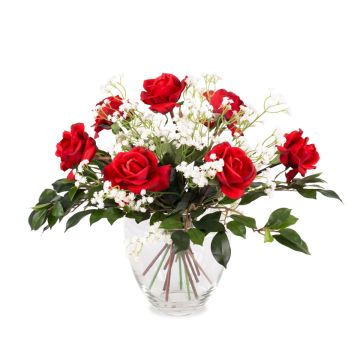 Bouquet de roses en soie AMELIE, gypsophile, rouge, 45cm, Ø40cm