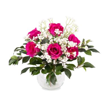 Bouquet de roses en soie ELLI, gypsophile, rose fuchsia, 35cm, Ø30cm