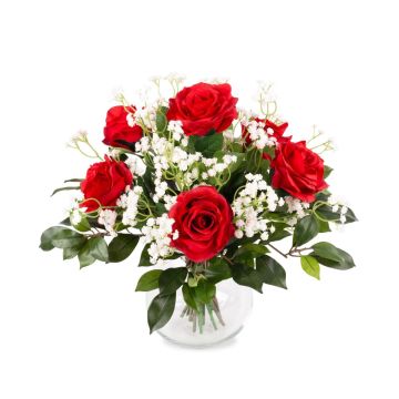 Bouquet de roses ELLI avec de la gypsophile et des feuilles, rouge, 35cm, Ø30cm