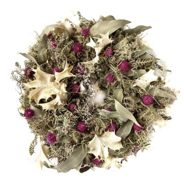 Couronne décorative de fleurs séchées MACARENA sur couronne de paille, amarante en boule, fuchsia-crème-naturel, Ø30cm