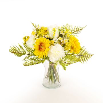 Bouquet de fleurs artificiel MALIA, gerberas, roses, et œillets, jaune, 40cm, Ø30cm