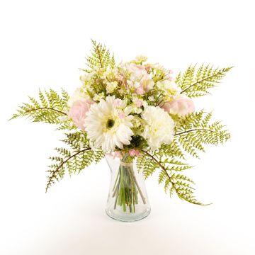 Bouquet de fleurs artificiel MALIA, gerberas, roses, et œillets, blanc-rose, 40cm, Ø30cm