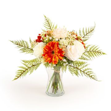 Bouquet de fleurs artificiel MALIA, gerberas, roses, et œillets, orange, 40cm, Ø30cm