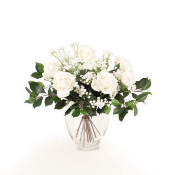 Bouquet de roses en soie AMELIE, gypsophile, blanc, 45cm, Ø40cm