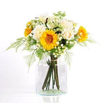 Bouquet de fleurs artificiel MALIA, gerberas, roses, et œillets, jaune, 40cm, Ø30cm