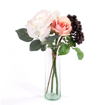 Bouquet de roses en soie QUINZY, baies, rose, 30cm, Ø15cm
