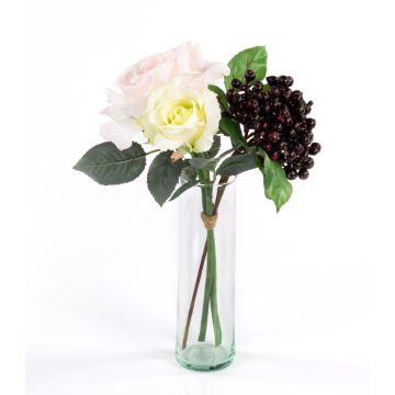 Bouquet de roses en soie QUINZY, baies, rose-blanc, 30cm, Ø15cm