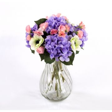 Bouquet d'hortensias artificiel PENELOPE, anémone, lilas-blanc, 30cm, Ø20cm